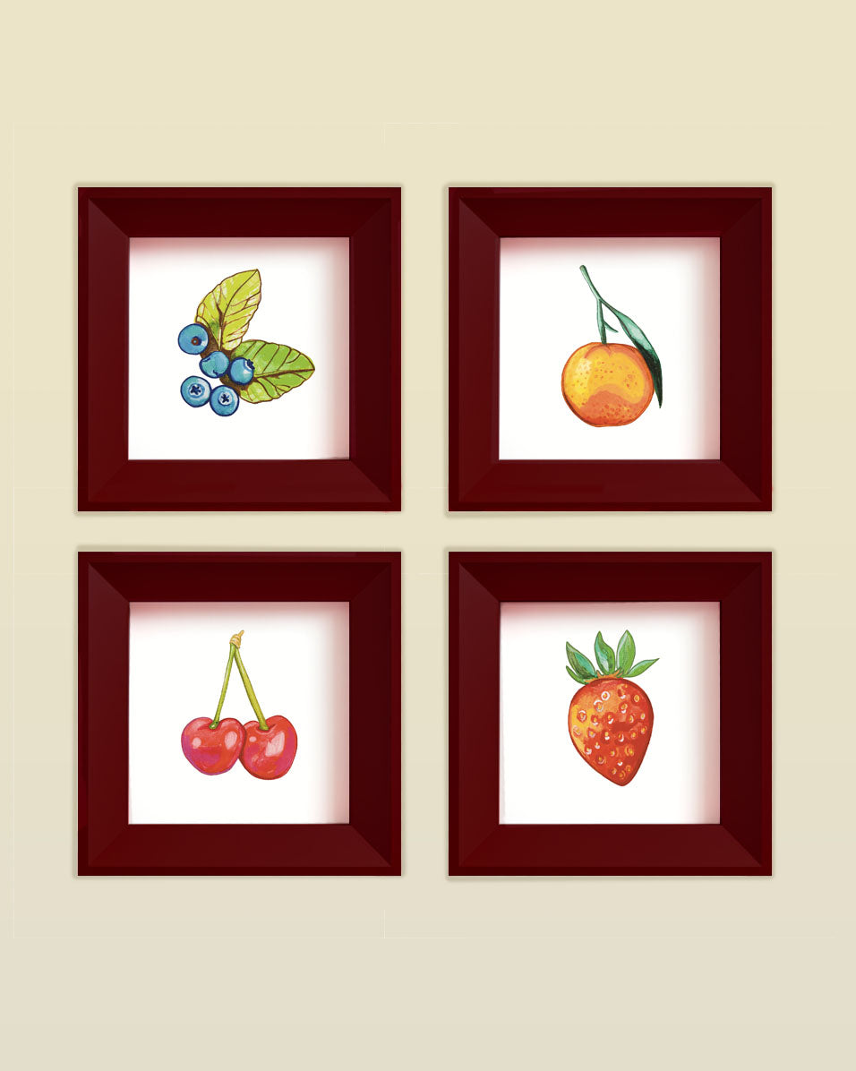 Fruit Art Print, Blueberry, Cherry, Strawberry and Orange – 4x4 Wall Art