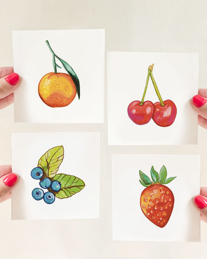 Fruit Art Print, Blueberry, Cherry, Strawberry and Orange – 4x4 Wall Art